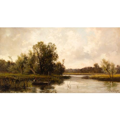 fig 2. John Horace Hooper, River Landscape With Angler - Antique Oil Painting