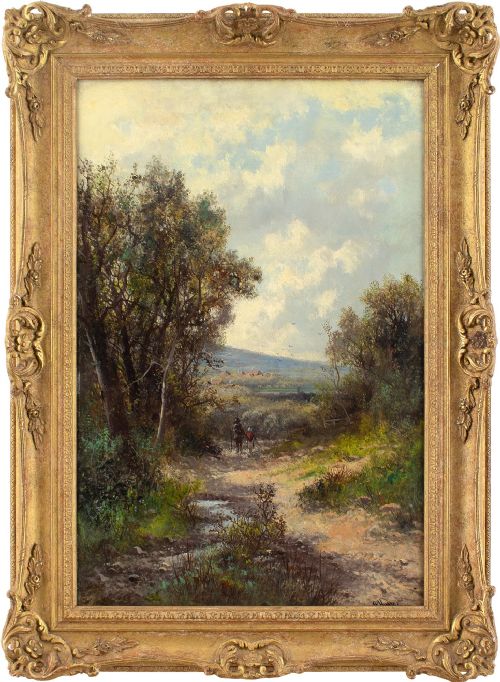 Abraham Hulk Junior, Autumnal Landscape with Father & Child - Antique Oil Painting