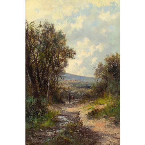 fig 1. Abraham Hulk Junior, Autumnal Landscape With Father & Child - Antique Oil Painting