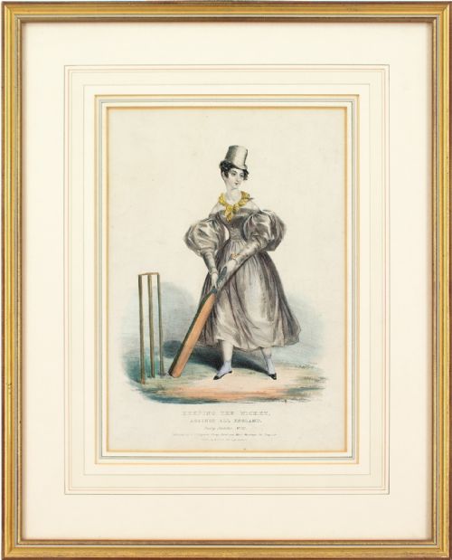 19th-century Hand-coloured Lithograph, Keeping the Wicket Against All England