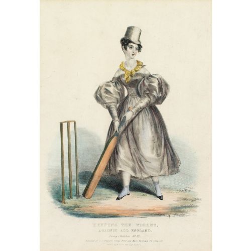 fig 1. 19th-Century Hand-Coloured Lithograph, Keeping The Wicket Against All England