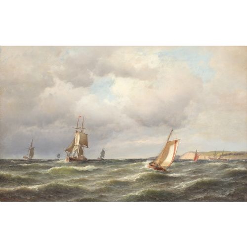 fig 1. Carl Bille, Coastal Marine Scene With Ships & Overcast Sky - Oil Painting