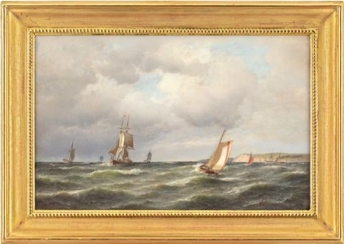 Carl Bille, Coastal Marine Scene with Ships & Overcast Sky - Oil Painting