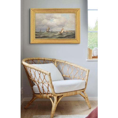 fig 2. Carl Bille, Coastal Marine Scene With Ships & Overcast Sky - Oil Painting