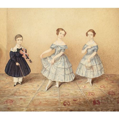 fig 1. 19th-Century English School, Group Portrait Of Three Children - Antique Watercolour