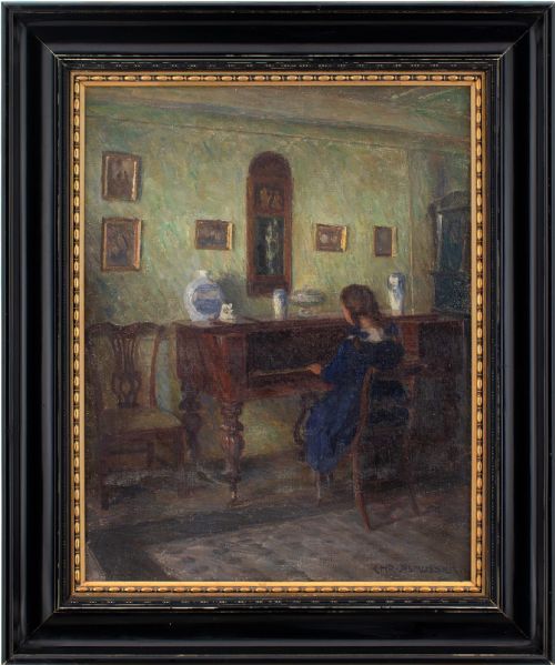 Christian Asmussen, Interior Scene with Girl at the Piano - Oil Painting