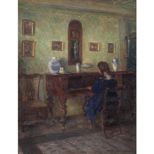 fig 1. Christian Asmussen, Interior Scene With Girl At The Piano - Oil Painting