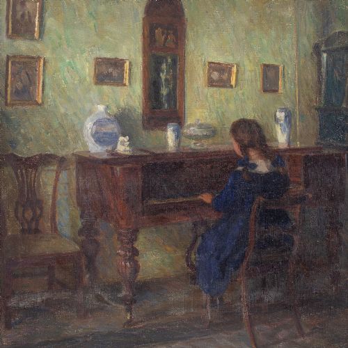 fig 3. Christian Asmussen, Interior Scene With Girl At The Piano - Oil Painting