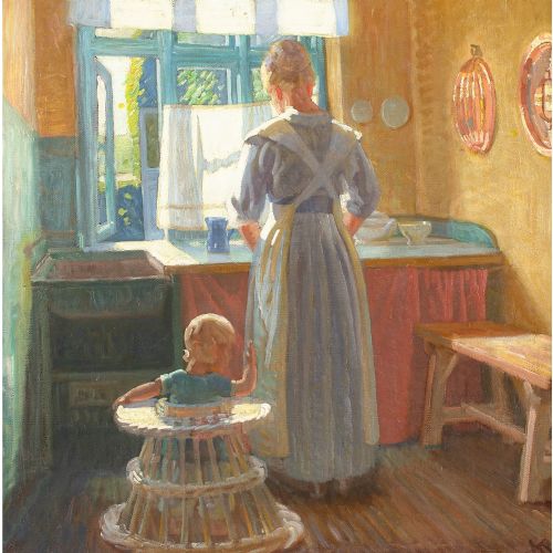 fig 2. Knud Sinding, Kitchen Interior With Mother & Child - Antique Oil Painting 
