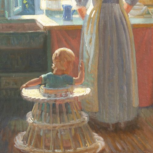 fig 3. Knud Sinding, Kitchen Interior With Mother & Child - Antique Oil Painting 