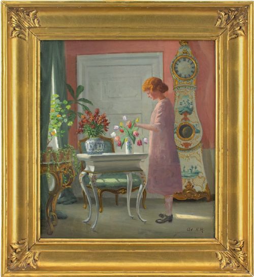 Adolf Heinrich-hansen, Interior with Girl Arranging Flowers - Antique Oil Painting