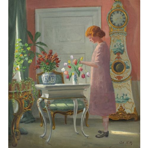fig 1. Adolf Heinrich-Hansen, Interior With Girl Arranging Flowers - Antique Oil Painting