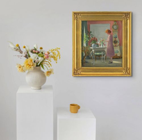 fig 2. Adolf Heinrich-Hansen, Interior With Girl Arranging Flowers - Antique Oil Painting