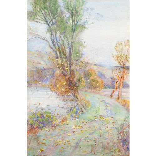 fig 2. Lily Bristow, Autumnal Landscape With Pond - Antique Watercolour