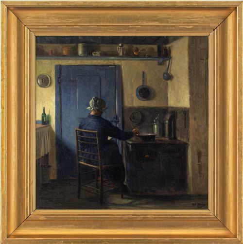 Alfred Broge, Kitchen Interior with Woman Reading - Oil Painting