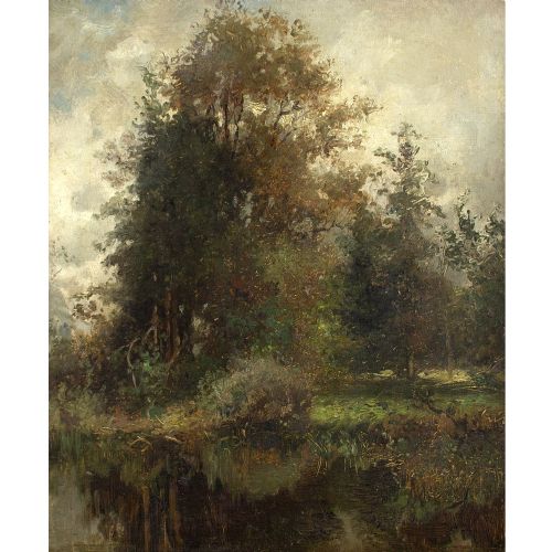 fig 1. Karl Peter Burnitz, Woodland View With Pond - Antique Oil Painting