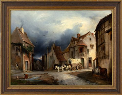 henrijean chasselat town scene with buildings horse wagon figures antique oil painting - CATEGORY: ANTIQUE ART - DATED 1860