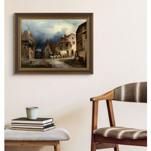 HENRIJEAN CHASSELAT TOWN SCENE WITH BUILDINGS HORSE WAGON FIGURES ANTIQUE OIL PAINTING - ADDITIONAL PHOTO 2