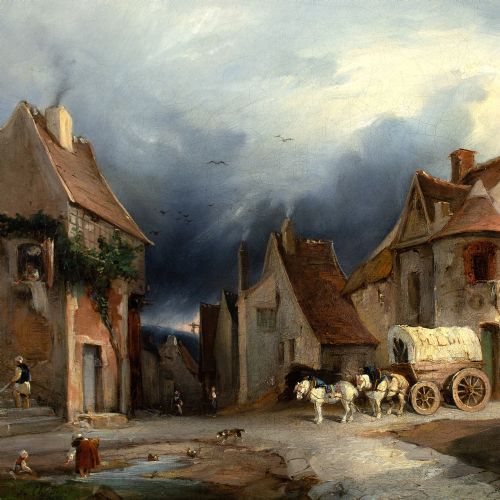 HENRIJEAN CHASSELAT TOWN SCENE WITH BUILDINGS HORSE WAGON FIGURES ANTIQUE OIL PAINTING - ADDITIONAL PHOTO 5