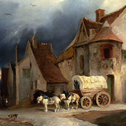 HENRIJEAN CHASSELAT TOWN SCENE WITH BUILDINGS HORSE WAGON FIGURES ANTIQUE OIL PAINTING - ADDITIONAL PHOTO 7