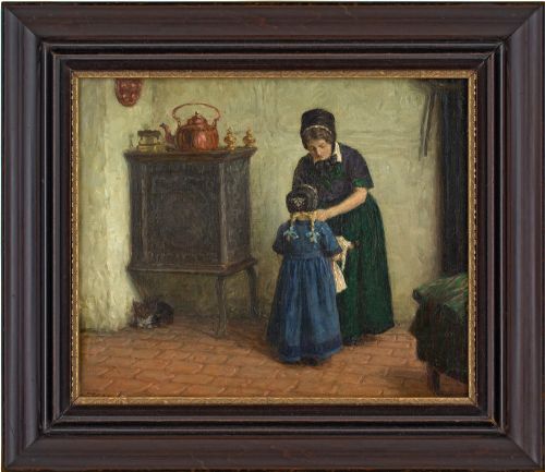 Valdemar Magaard, Interior with Mother & Child - Antique Oil Painting