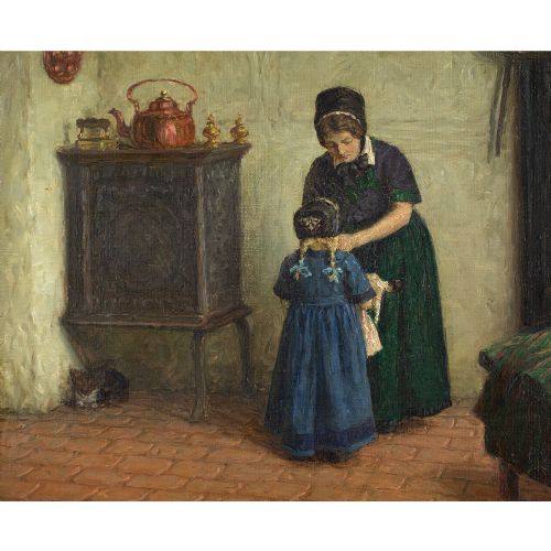 fig 1. Valdemar Magaard, Interior With Mother & Child - Antique Oil Painting