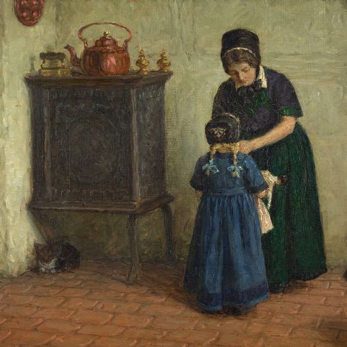 fig 2. Valdemar Magaard, Interior With Mother & Child - Antique Oil Painting