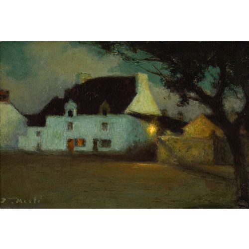 fig 1. Joseph-Paul Mesle, White House At Dusk, Brittany - Antique Oil Painting