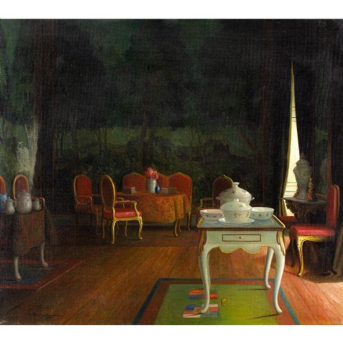 CHRISTIAN TILEMANNPETERSEN THE TAPESTRY ROOM AT SVANHOLM MANOR ANTIQUE OIL PAINTING - ADDITIONAL PHOTO 1