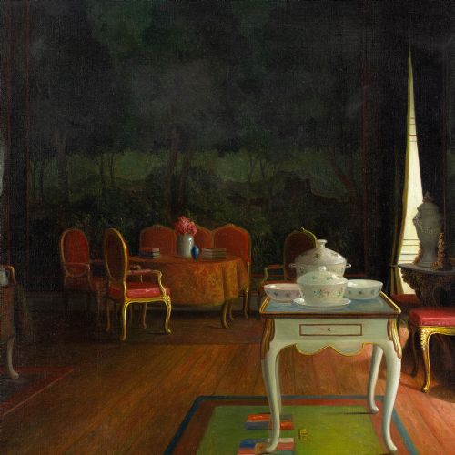 CHRISTIAN TILEMANNPETERSEN THE TAPESTRY ROOM AT SVANHOLM MANOR ANTIQUE OIL PAINTING - ADDITIONAL PHOTO 5