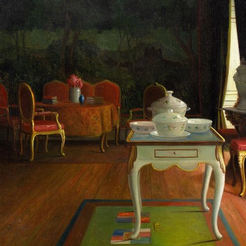 CHRISTIAN TILEMANNPETERSEN THE TAPESTRY ROOM AT SVANHOLM MANOR ANTIQUE OIL PAINTING - ADDITIONAL PHOTO 6