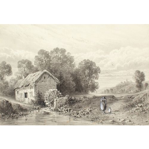 fig 1. Edmond Albert Joseph Tyrel de Poix (Attributed), Landscape With Watermill, Mother & Child - Antique Drawing 