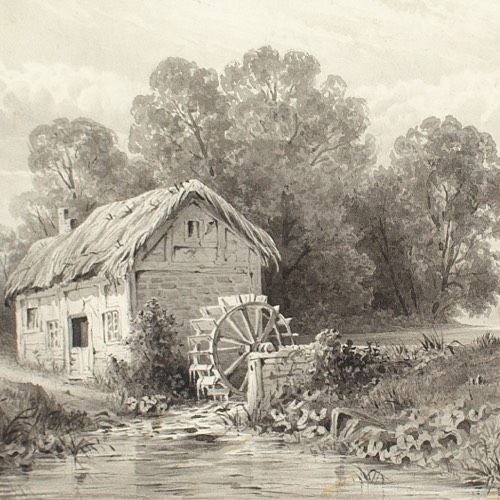 fig 2. Edmond Albert Joseph Tyrel de Poix (Attributed), Landscape With Watermill, Mother & Child - Antique Drawing 