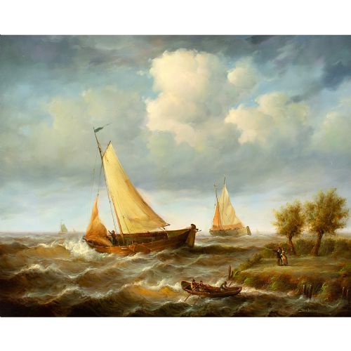JEAN LAURENT COASTAL MARINE SCENE WITH FIGURES SAILBOATS ROWBOAT OIL PAINTING - ADDITIONAL PHOTO 1