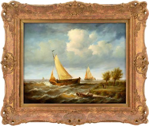 jean laurent coastal marine scene with figures sailboats rowboat oil painting - CATEGORY: ANTIQUE ART - DATED 1950