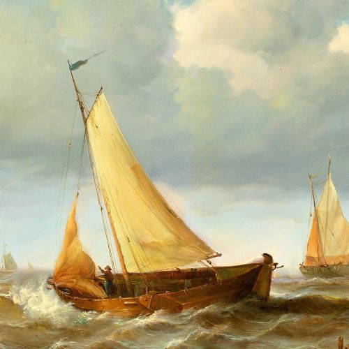 JEAN LAURENT COASTAL MARINE SCENE WITH FIGURES SAILBOATS ROWBOAT OIL PAINTING - ADDITIONAL PHOTO 5