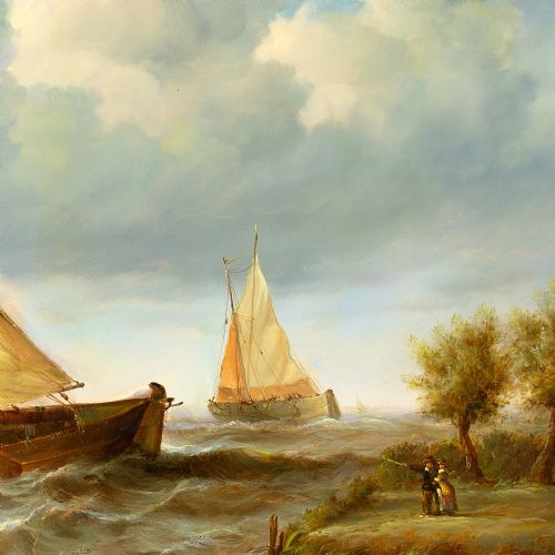 JEAN LAURENT COASTAL MARINE SCENE WITH FIGURES SAILBOATS ROWBOAT OIL PAINTING - ADDITIONAL PHOTO 6