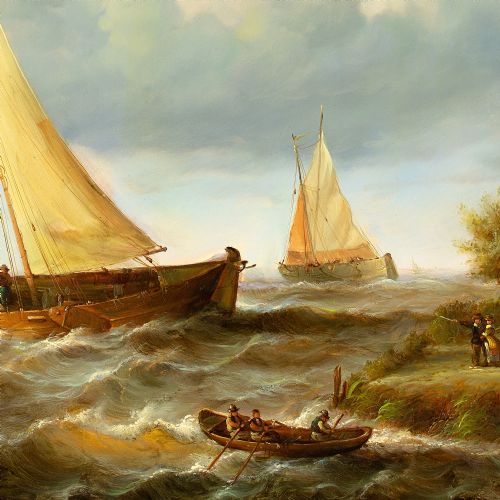 JEAN LAURENT COASTAL MARINE SCENE WITH FIGURES SAILBOATS ROWBOAT OIL PAINTING - ADDITIONAL PHOTO 7