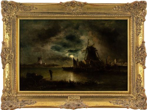 William Henry Crome, River Nocturne with Windmills - Antique Oil Painting