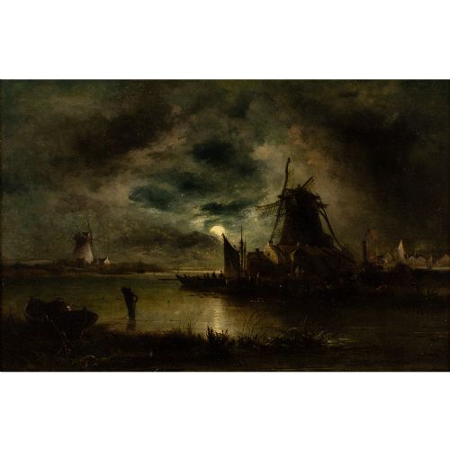 fig 1. William Henry Crome, River Nocturne With Windmills - Antique Oil Painting