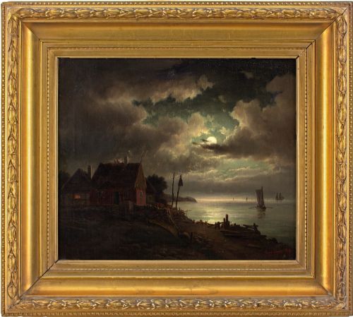 carl bille coastal nocturne with sailboats antique oil painting - CATEGORY: ANTIQUE ART - DATED 1870
