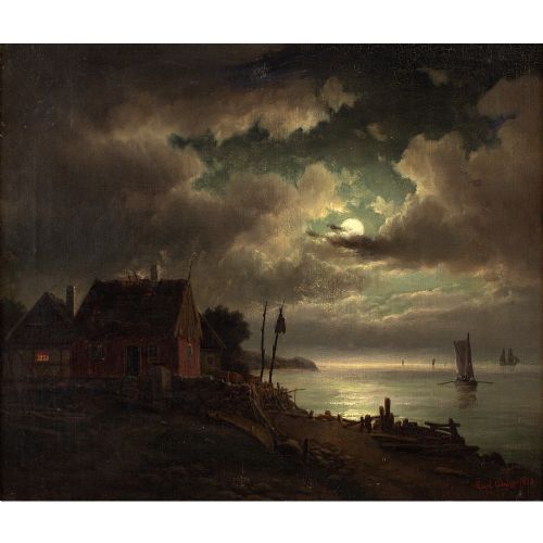 CARL BILLE COASTAL NOCTURNE WITH SAILBOATS ANTIQUE OIL PAINTING - ADDITIONAL PHOTO 1