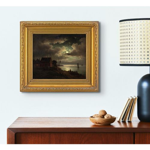 CARL BILLE COASTAL NOCTURNE WITH SAILBOATS ANTIQUE OIL PAINTING - ADDITIONAL PHOTO 4