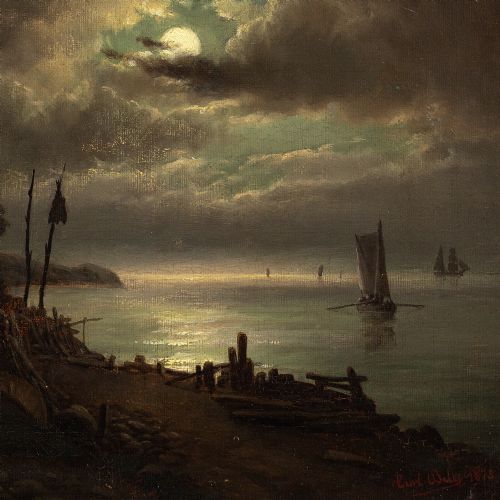 CARL BILLE COASTAL NOCTURNE WITH SAILBOATS ANTIQUE OIL PAINTING - ADDITIONAL PHOTO 5
