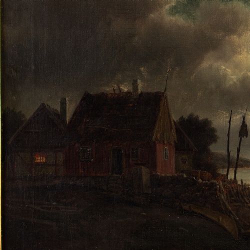 CARL BILLE COASTAL NOCTURNE WITH SAILBOATS ANTIQUE OIL PAINTING - ADDITIONAL PHOTO 6
