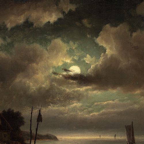 CARL BILLE COASTAL NOCTURNE WITH SAILBOATS ANTIQUE OIL PAINTING - ADDITIONAL PHOTO 7