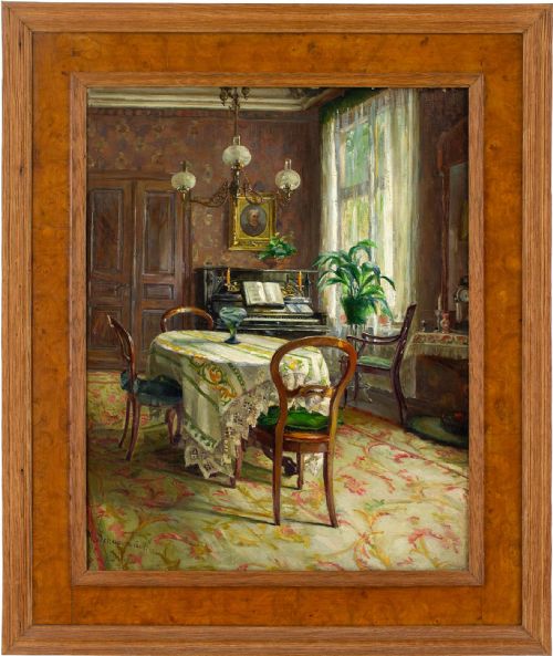 Early 20th-century German School, Interior with Dining Table & Piano - Antique Oil Painting