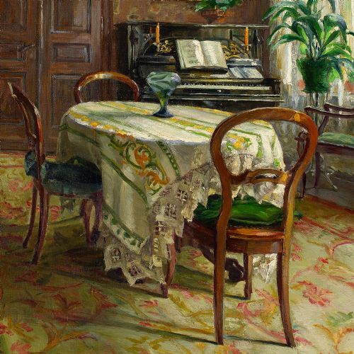 fig 1. Early 20th-Century German School, Interior With Dining Table & Piano - Antique Oil Painting