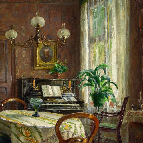 fig 2. Early 20th-Century German School, Interior With Dining Table & Piano - Antique Oil Painting