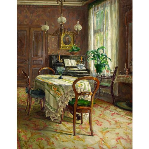 fig 3. Early 20th-Century German School, Interior With Dining Table & Piano - Antique Oil Painting
